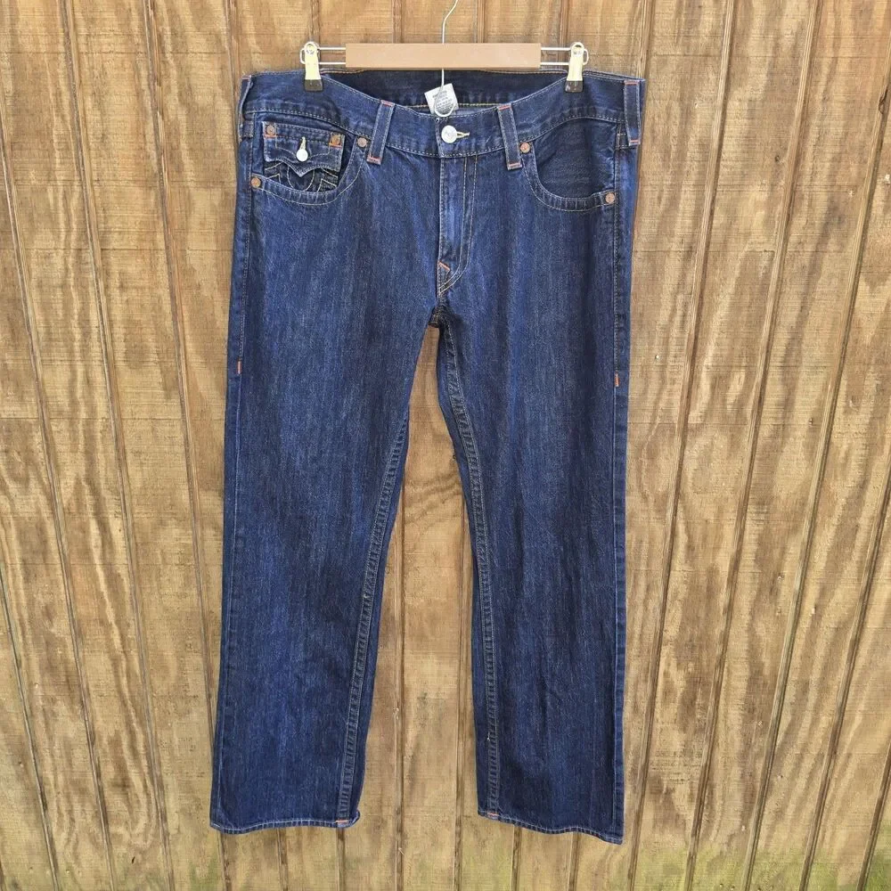True Religion Straight Dark Wash Horseshoe Stitching Jeans Mens Size 38